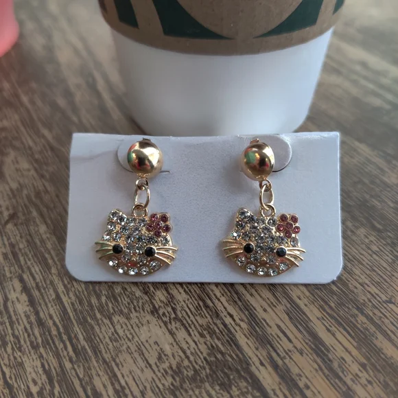 Gold Cat Face Earrings with Rhinestones - Picture 3 of 3